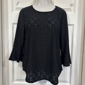 C'est La Vie Black Stretch Eyelet Blouse Top Ruffle Cuff Bell Sleeve Tunic XL